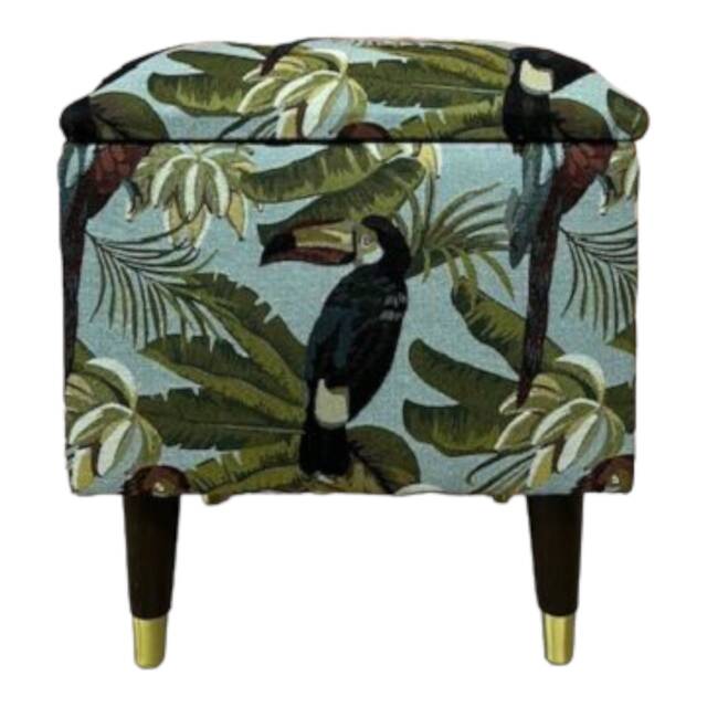 Toucan & Parrot Fabric Storage Box Upholstered Foot Stool, Solid Wood Legs - image 1