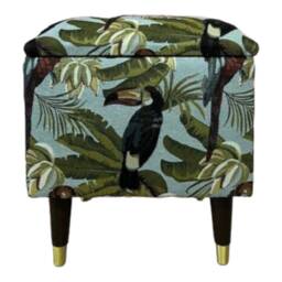 Toucan & Parrot Fabric Storage Box Upholstered Foot Stool, Solid Wood Legs - thumbnail 1