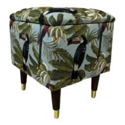 Toucan & Parrot Fabric Storage Box Upholstered Foot Stool, Solid Wood Legs - thumbnail 2