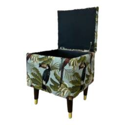 Toucan & Parrot Fabric Storage Box Upholstered Foot Stool, Solid Wood Legs - thumbnail 3