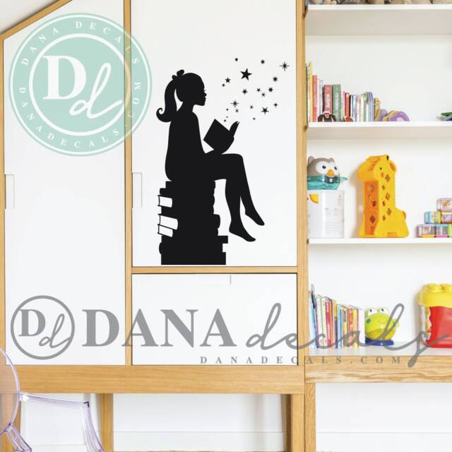 Girl Reading Books Wall Decal - Whimsical Library Decor - image 1