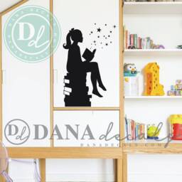 Girl Reading Books Wall Decal - Whimsical Library Decor - thumbnail 1