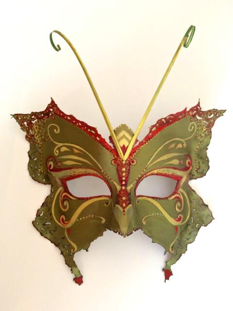 Butterfly Mask, Unique, Hand Made, Painted, Green Satin - Masquerade Ball Mardi Grass Halloween Collector Mask