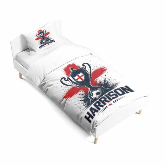 Football Trophy Personalised Name England Flag Cot Bed Set Nursery Bedding Supporter Present St Georges Cross Boy Room Decor Gift - image 1