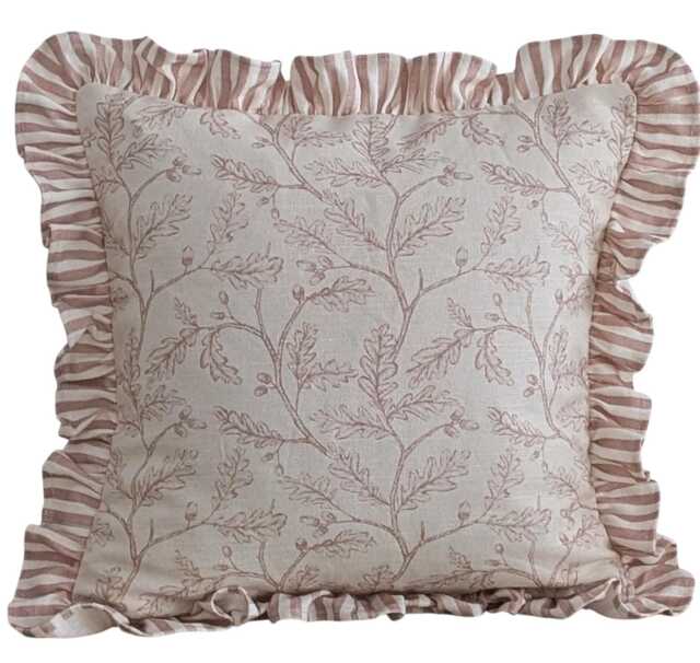 Limited Edition Neptune Francesca Printed Linen Cushion Cover With Salmon Pink Pinstripe Ruffle - image 1