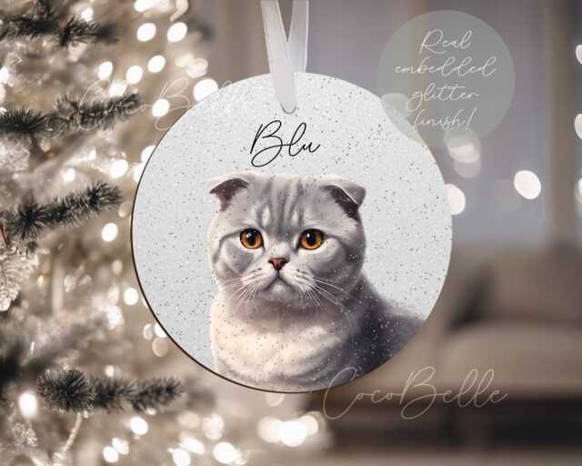 Personalised Scottish Fold Bauble, Any Colour Digital Illustration Real Glitter Grey Cat Name Christmas Mum Gift Ideas Lover Owner - image 1