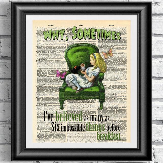 Alice in Wonderland Art Print Green Quote On Antique Dictionary Page - image 1