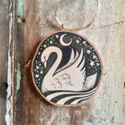 Swan Christmas Ornament - Original Drawing On Birch Wood - thumbnail 2