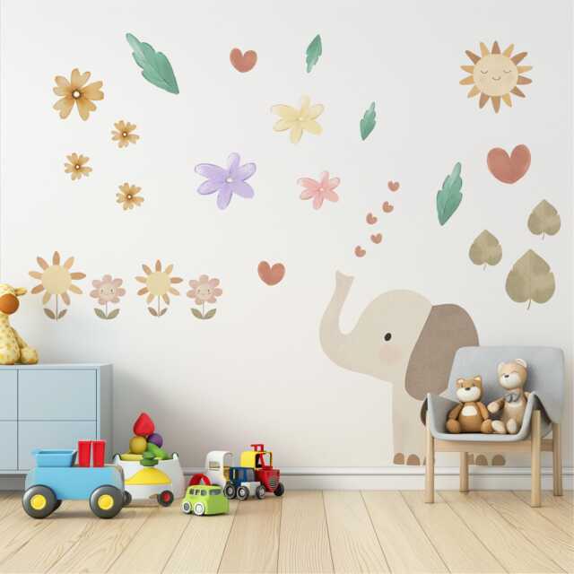 Elephant Nursery Wall Decals Safari Stickers Baby Animal Decor Floral Peel & Stick Bedroom - image 1