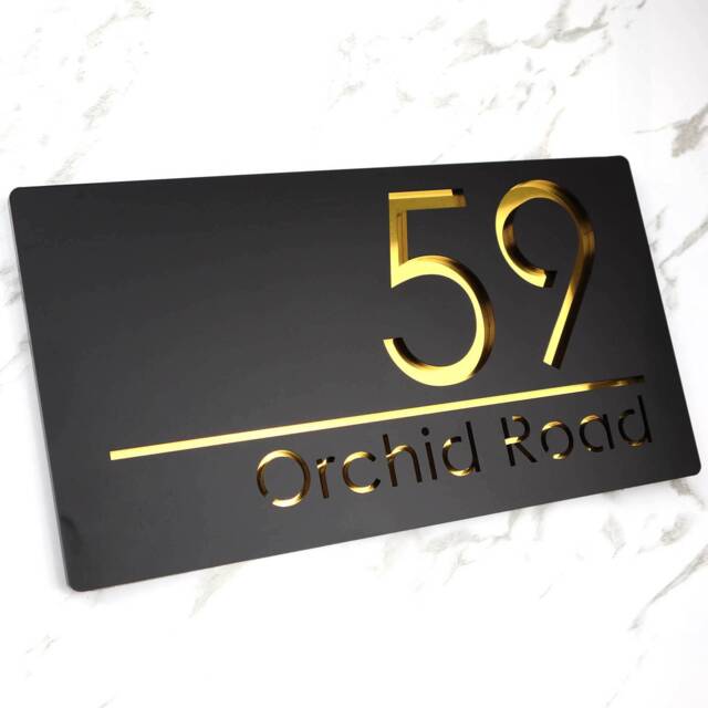 K Smart Sign - Bellissima H1 Laser Cut Matt Black & Gold Mirror Floating House Door Numbers Plaque 300mm X 160mm - image 1