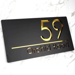 K Smart Sign - Bellissima H1 Laser Cut Matt Black & Gold Mirror Floating House Door Numbers Plaque 300mm X 160mm - thumbnail 1