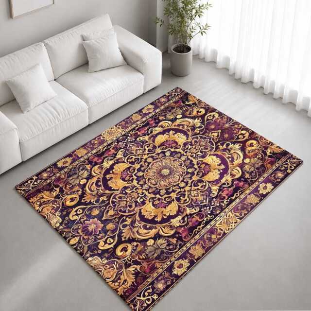Purple Gold Ornate Floral Medallion Rug Non-Slip Soft Area Carpet Bedroom Living Room Hallway Mat Decor - Made in UK - image 1