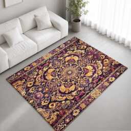 Purple Gold Ornate Floral Medallion Rug Non-Slip Soft Area Carpet Bedroom Living Room Hallway Mat Decor - Made in UK - thumbnail 1