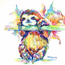 Rainbow Sloth Watercolor Painting Print Happy Art - thumbnail 2