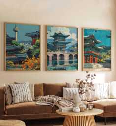 Set Of 3 South Korea Posters, Travel Prints, Seoul, Busan, Jeju Island Wall Art Set, Asian Landscape Korean Decor