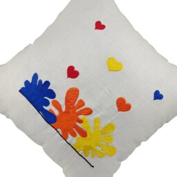 Throw Pillow, Color Impression Pillow Cover, Decorative White Linen Embroidered 14x14 Cover - thumbnail 4