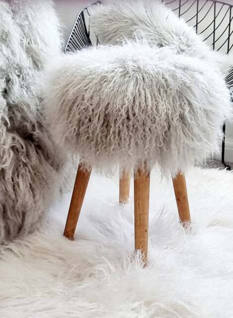 100% Mongolian Sheepskin Fur Stool With Wood Legs, Choice Of Colors - image 1