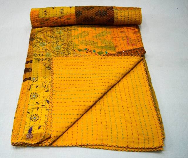 Indian Cotton Beautiful Patchwork Kantha Quilt Queen Size Yellow Bohemian Bedspread Throw - image 1