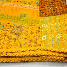 Indian Cotton Beautiful Patchwork Kantha Quilt Queen Size Yellow Bohemian Bedspread Throw - thumbnail 3