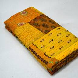 Indian Cotton Beautiful Patchwork Kantha Quilt Queen Size Yellow Bohemian Bedspread Throw - thumbnail 2