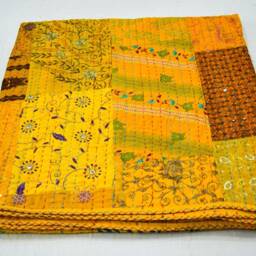 Indian Cotton Beautiful Patchwork Kantha Quilt Queen Size Yellow Bohemian Bedspread Throw - thumbnail 4