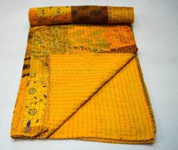 Indian Cotton Beautiful Patchwork Kantha Quilt Queen Size Yellow Bohemian Bedspread Throw