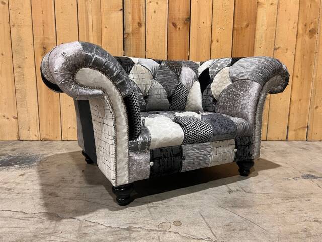 Black & Silver Grey Patchwork Velvet Fabric Chesterfield Snuggle Armchair, Unique British Handmade - image 1