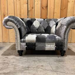 Black & Silver Grey Patchwork Velvet Fabric Chesterfield Snuggle Armchair, Unique British Handmade - thumbnail 2
