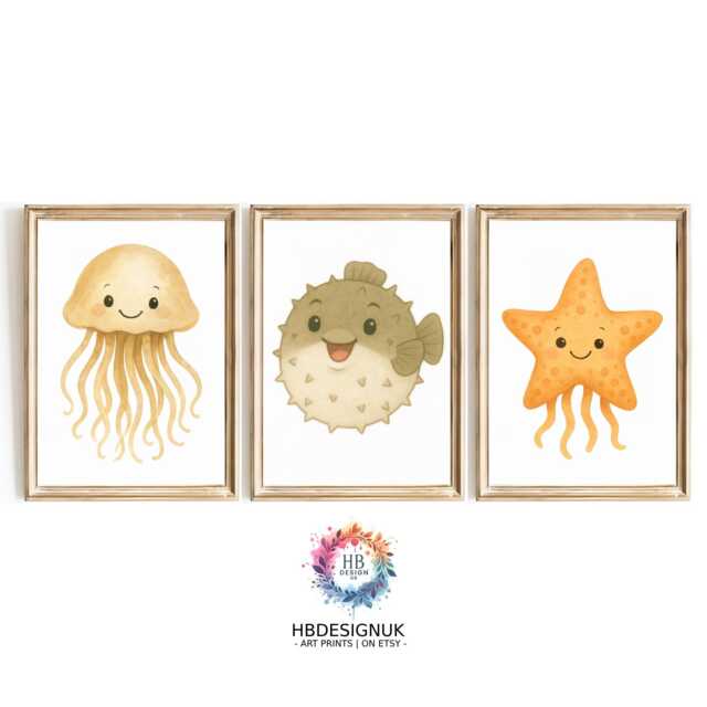 Sea Life Nursery Artwork - 30 Design Choices, Jellyfish, Puffin, Starfish, Baby Bedroom Prints, Boys Girls, Ocean Print, Kids Wall Art - image 1
