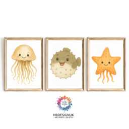Sea Life Nursery Artwork - 30 Design Choices, Jellyfish, Puffin, Starfish, Baby Bedroom Prints, Boys Girls, Ocean Print, Kids Wall Art - thumbnail 1