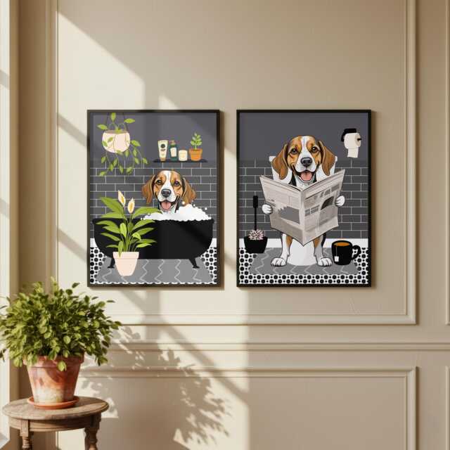Beagle Bathroom Prints, Bath & Toilet Art, Set Of Two Grey Prints. Funny Pet Portrait Glossy - image 1