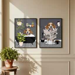 Beagle Bathroom Prints, Bath & Toilet Art, Set Of Two Grey Prints. Funny Pet Portrait Glossy - thumbnail 1