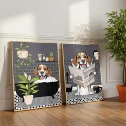 Beagle Bathroom Prints, Bath & Toilet Art, Set Of Two Grey Prints. Funny Pet Portrait Glossy - thumbnail 2