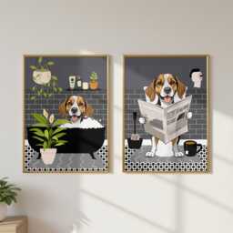Beagle Bathroom Prints, Bath & Toilet Art, Set Of Two Grey Prints. Funny Pet Portrait Glossy - thumbnail 3