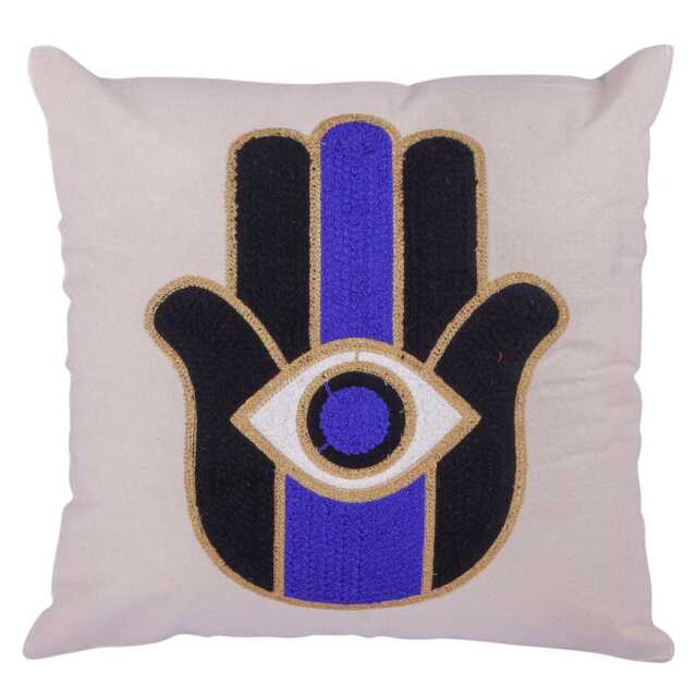 Handmade Hamsa Hand Embroidered Pillow Cover 40x40cm - Evil Eye Cushion, Blue White Black Decor, Square Case - image 1
