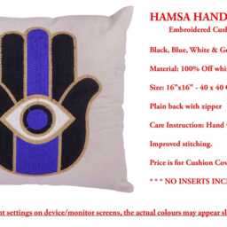 Handmade Hamsa Hand Embroidered Pillow Cover 40x40cm - Evil Eye Cushion, Blue White Black Decor, Square Case - thumbnail 3