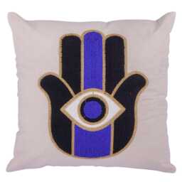Handmade Hamsa Hand Embroidered Pillow Cover 40x40cm - Evil Eye Cushion, Blue White Black Decor, Square Case - thumbnail 1