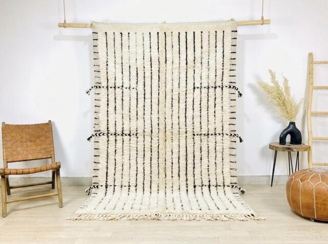 Ivory & Black Vertical Striped Moroccan Rug - Handmade Berber Shag Carpet Large Area Minimalist Fine Line Wool Decor - image 1