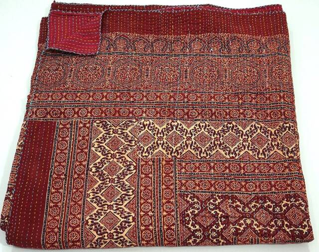 Handmade Indian Cotton Kantha Quilt Vintage Ajrak Block Print Bedspread - image 1