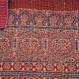 Handmade Indian Cotton Kantha Quilt Vintage Ajrak Block Print Bedspread - thumbnail 4