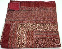 Handmade Indian Cotton Kantha Quilt Vintage Ajrak Block Print Bedspread - thumbnail 1