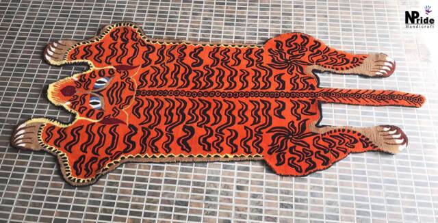 Tibetan Tiger Wool Rug Handknotted Cut Silhouette Orange 3x6Ft Nepal - Buddhist Carpet - image 1