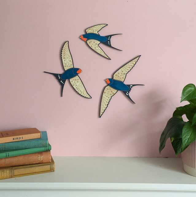 Hand Painted Flying Wooden Barn Swallows - Wall Decor Hangings - image 1