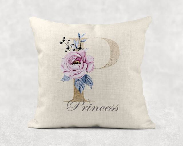 Personalised Initial & Name , Gold Letter Rose Floral Linen Cushion Girls/Mum/Nan/Nana Birthday Gift Personalize - image 1