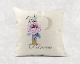 Personalized Floral Initial Linen Cushion, Gold Letter Name Pillow