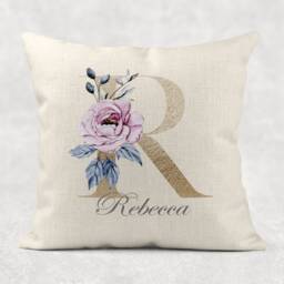 Personalised Initial & Name , Gold Letter Rose Floral Linen Cushion Girls/Mum/Nan/Nana Birthday Gift Personalize - thumbnail 2