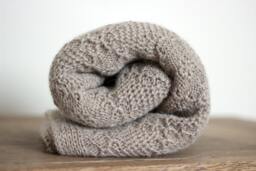 Alpaca Blanket, Knit Wool Baby Wrap, Knitted Natural White/Ivory, Light Beige, Gray Throw, Girl, Boy, Newborn Gift - thumbnail 1