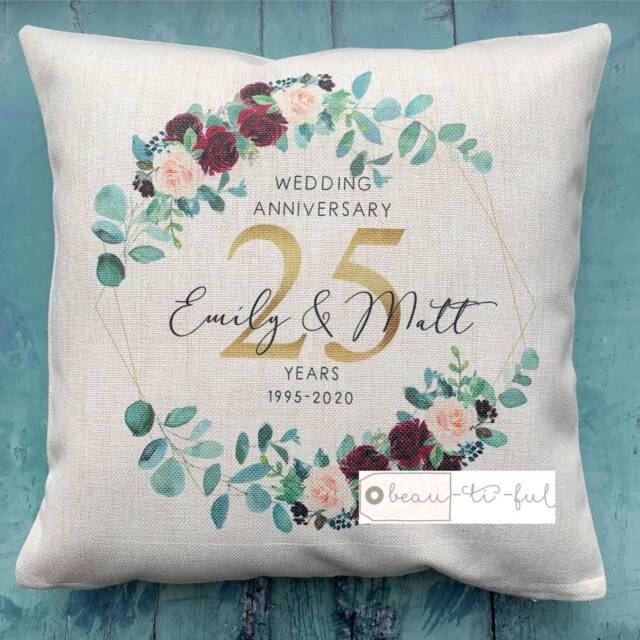 Personalised Names Wedding Anniversary 25Th 50Th 1St Home Quote Greenery Burgundy Design Linen Style Cushion Cover