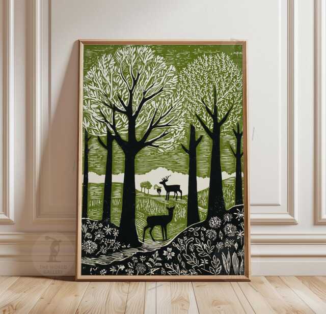 Green Woodland Deer Poster - Forest Landscape Wall Art Print Minimalist Wildlife Illustration - image 1