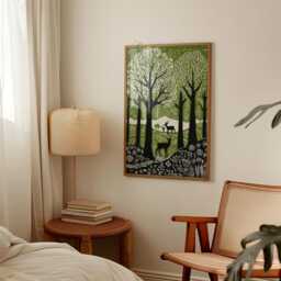 Green Woodland Deer Poster - Forest Landscape Wall Art Print Minimalist Wildlife Illustration - thumbnail 2